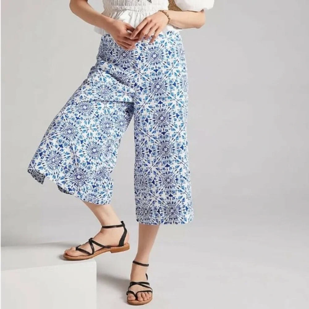 Maeve by Anthropologie Wide Leg Cropped Blue and White Printed Pants Size Small - Picture 1 of 17